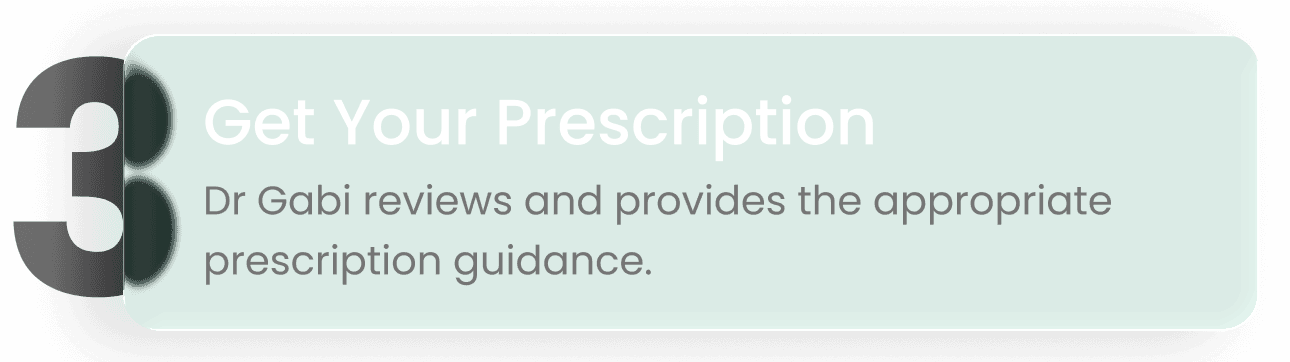 Step 3: Get your prescription. Dr Gabi reviews and provides the appropriate prescription guidance.